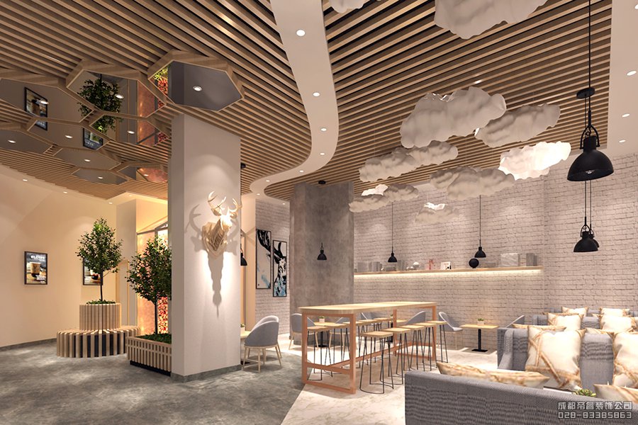 连锁奶茶店鹿角戏装修效果图及设计方案