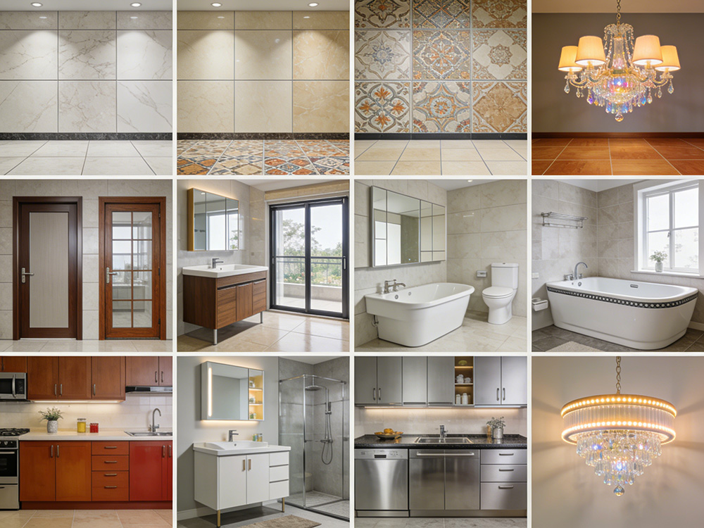 瓷砖、地板、门窗、卫浴、橱柜、灯具
